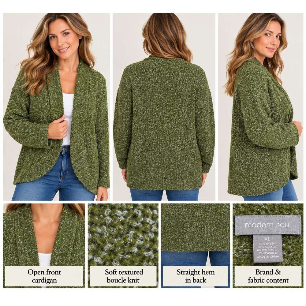 Modern Soul XL Green Boucle Knit Open Front Cardigan Textured Long Sleeve